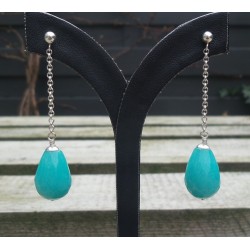 Zilveren lange oorbellen met blauw / groene Jade briolet