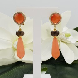 Goudkleurige oorbellen oranje Kattenoog Jade en Smokey Topaas
