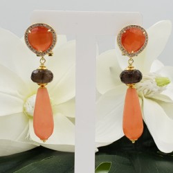 Goudkleurige oorbellen oranje Kattenoog Jade en Smokey Topaas