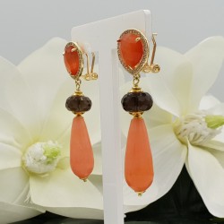 Goudkleurige oorbellen oranje Kattenoog Jade en Smokey Topaas