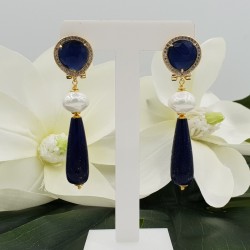 Vergulde oorbellen blauwe Kattenoog Parel en Lapis Lazuli