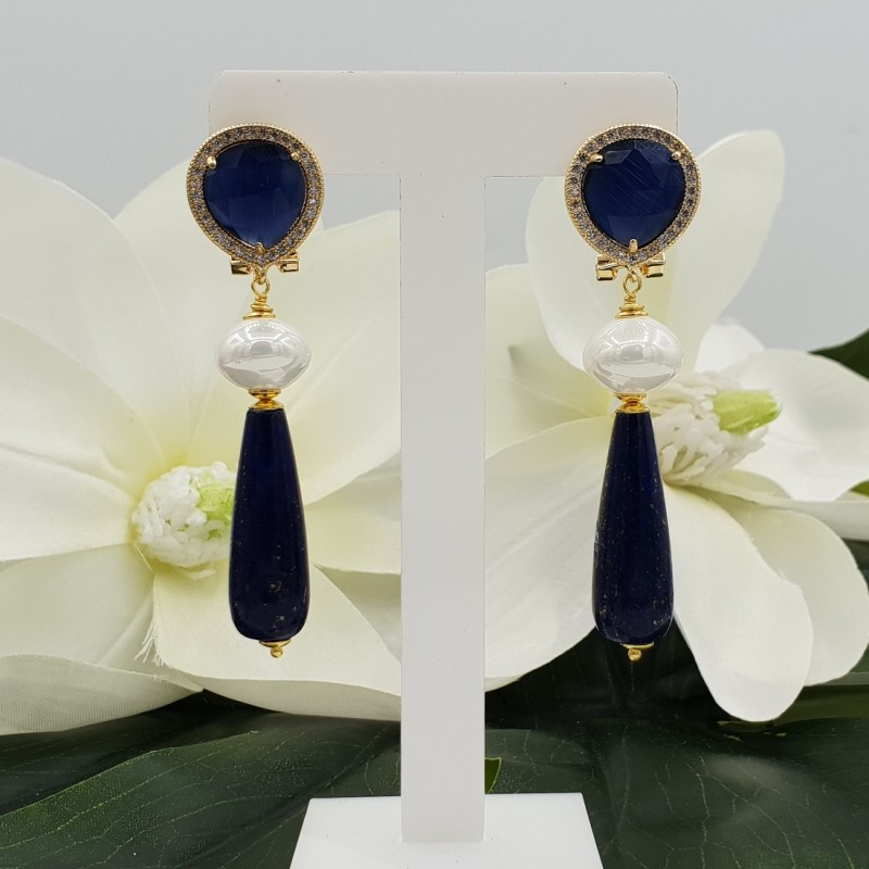 Vergulde oorbellen blauwe Kattenoog Parel en Lapis Lazuli