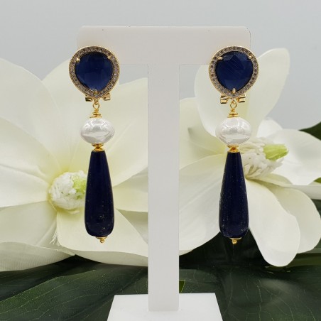 Vergulde oorbellen blauwe Kattenoog Parel en Lapis Lazuli