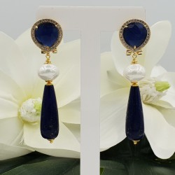 Vergulde oorbellen blauwe Kattenoog Parel en Lapis Lazuli