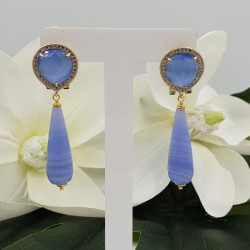 Vergulde oorbellen blauwe Kattenoog en blauw Lace Agaat