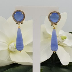 Vergulde oorbellen blauwe Kattenoog en blauw Lace Agaat
