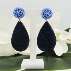 Vergulde oorbellen met blauwe kristallen en blauw Roggenleer