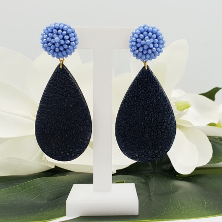 Vergulde oorbellen met blauwe kristallen en blauw Roggenleer