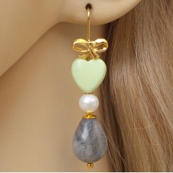Vergulde oorbellen met Labradoriet, Parel en Lemon Chrysopraas