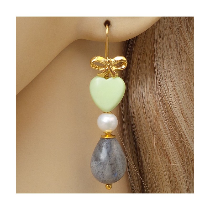 Vergulde oorbellen met Labradoriet, Parel en Lemon Chrysopraas