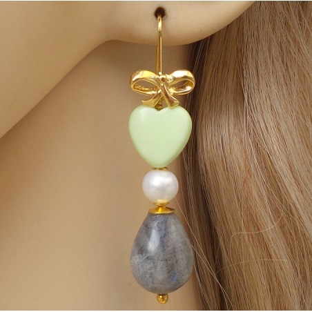 Vergulde oorbellen met Labradoriet, Parel en Lemon Chrysopraas