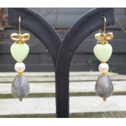 Vergulde oorbellen met Labradoriet, Parel en Lemon Chrysopraas
