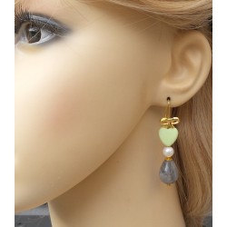 Vergulde oorbellen met Labradoriet, Parel en Lemon Chrysopraas