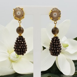 Vergulde oorbellen Solar quartz Smokey Topaas en kristallen
