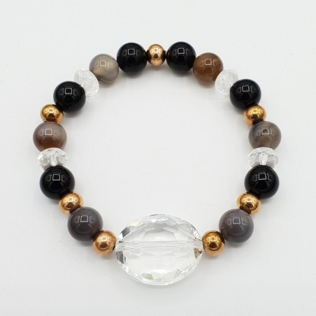 Armband van grijze Agaat Bergkristal en Onyx