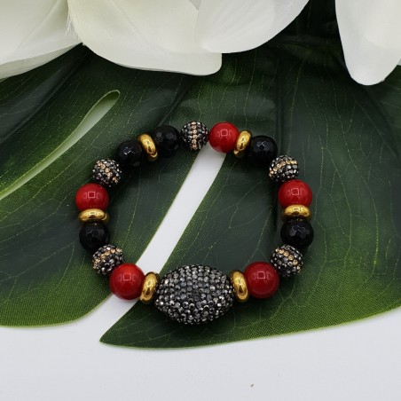 Armband van zwarte Onyx Koraal en kristallen