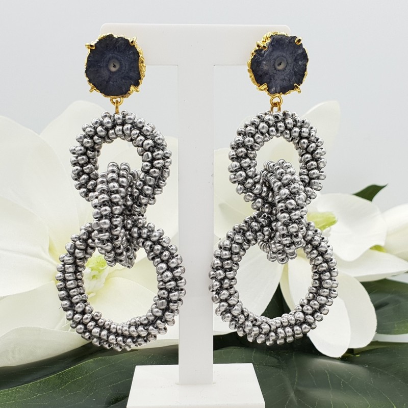 Oorbellen met Solar quartz en ringen van zilveren kraaltjes