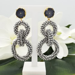 Oorbellen met Solar quartz en ringen van zilveren kraaltjes