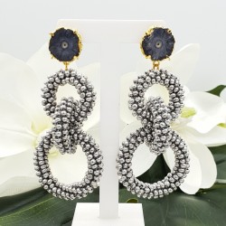 Oorbellen met Solar quartz en ringen van zilveren kraaltjes