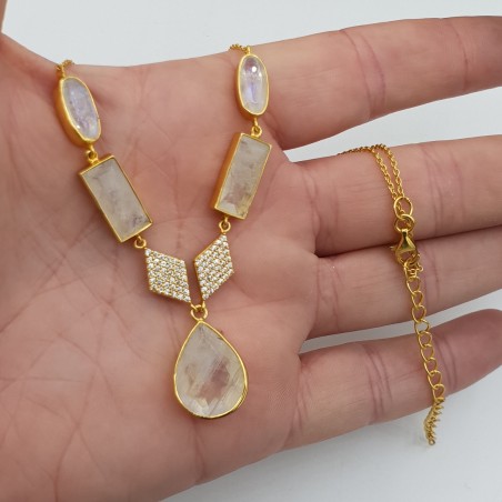 Vergulde ketting met regenboog Maansteen en Zirkonia