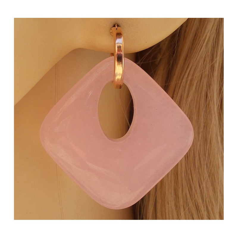 Rosé vergulde creolen met licht roze Jade hanger