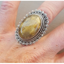 Zilveren ring met gouden Rutielkwarts en bewerkte kop 17 mm