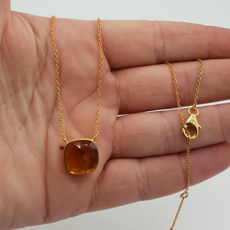 Vergulde ketting met vierkante Citrien quartz hanger