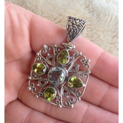 Zilveren edelsteen hanger met facet blauw Topaas en Peridot