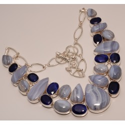 Zilveren edelsteen ketting blauw Lace Agaat en Saffier