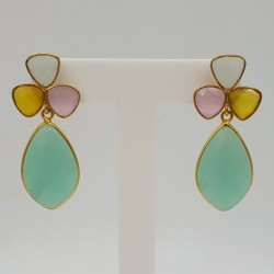Vergulde oorbellen met gele witte en aqua Chalcedoon