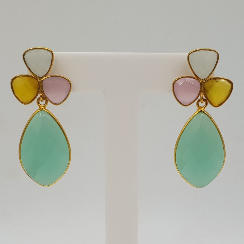 Vergulde oorbellen met gele witte en aqua Chalcedoon