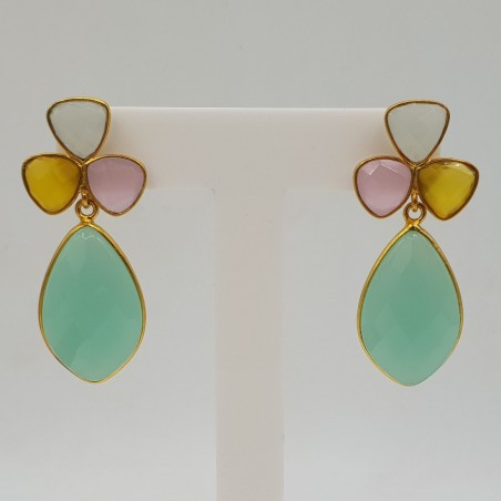 Vergulde oorbellen met gele witte en aqua Chalcedoon