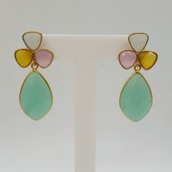 Vergulde oorbellen met gele witte en aqua Chalcedoon