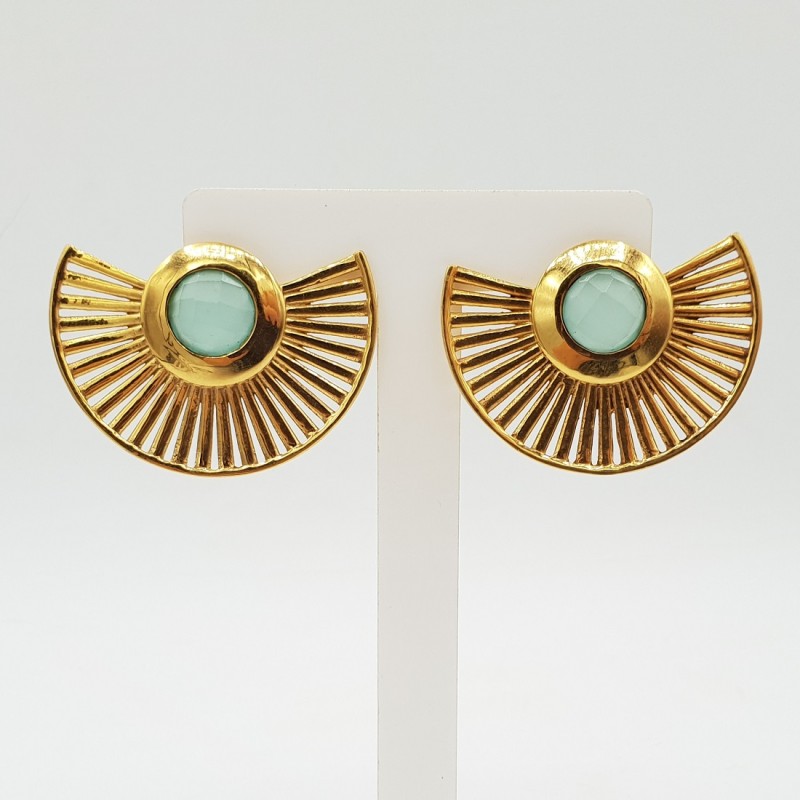 Vergulde waairer oorbellen met aqua Chalcedoon