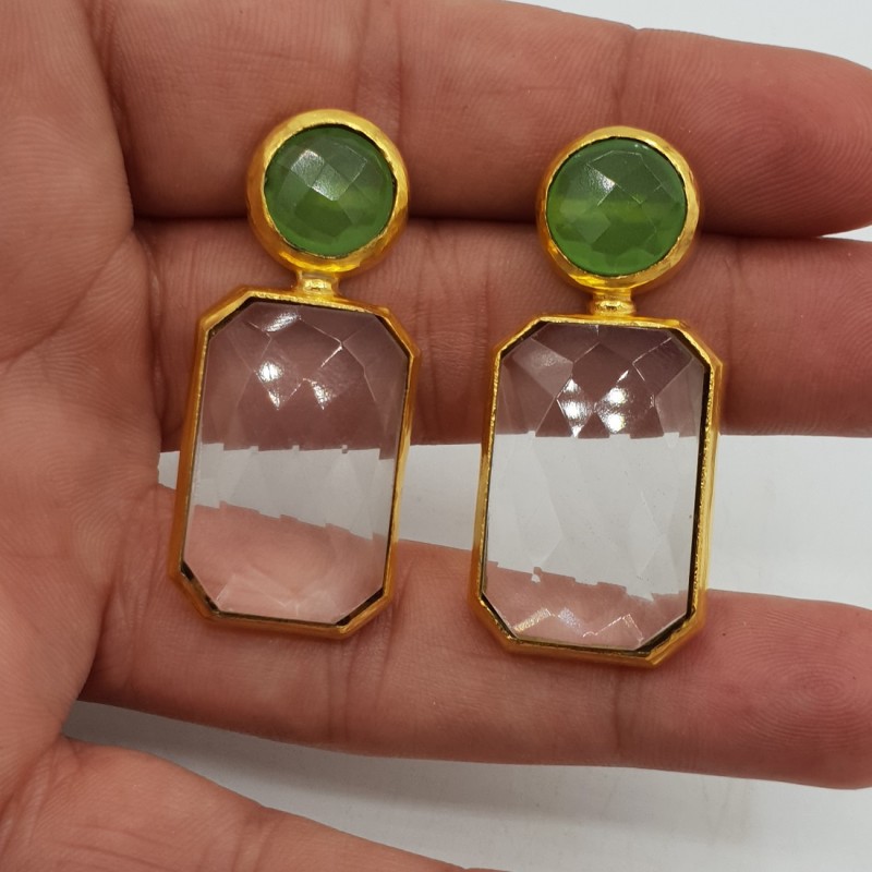 Vergulde oorbellen met Kristal en groene Chalcedoon