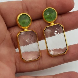Vergulde oorbellen met Kristal en groene Chalcedoon