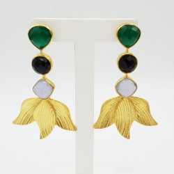 Vergulde oorbellen met groene Onyx Chalcedoon en zwarte Onyx