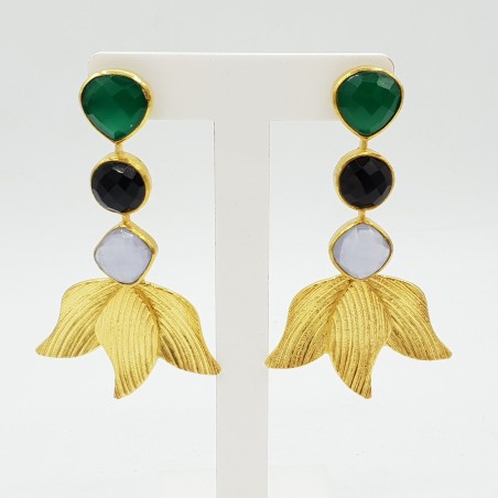 Vergulde oorbellen met groene Onyx Chalcedoon en zwarte Onyx