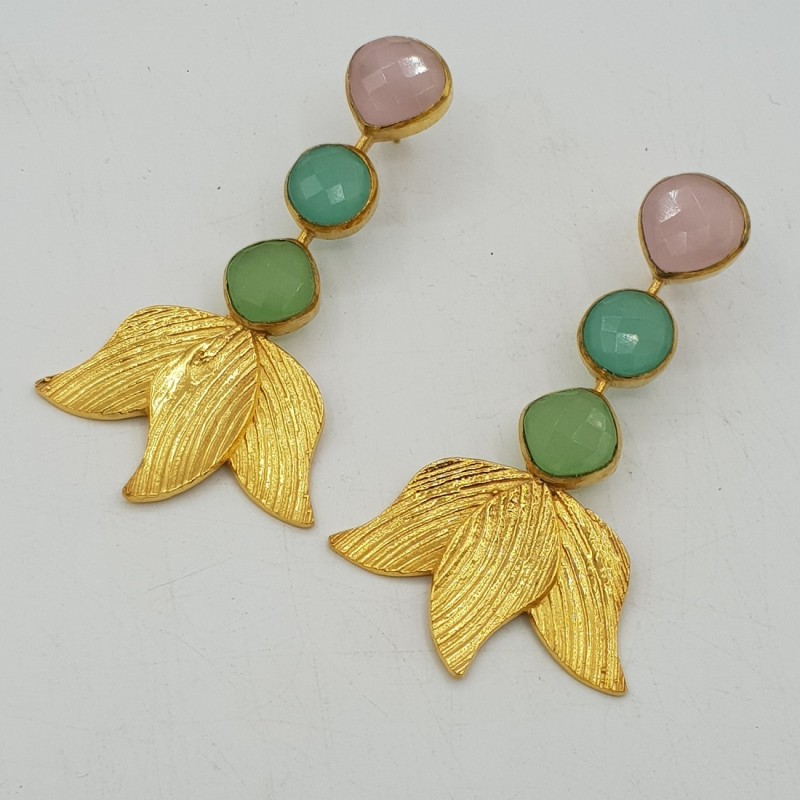Vergulde oorbellen met roze groen en aqua Chalcedoon