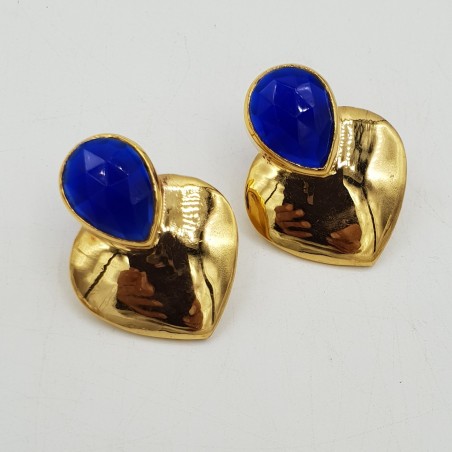 Vergulde oorbellen hart gezet met kobalt blauw Chalcedoon