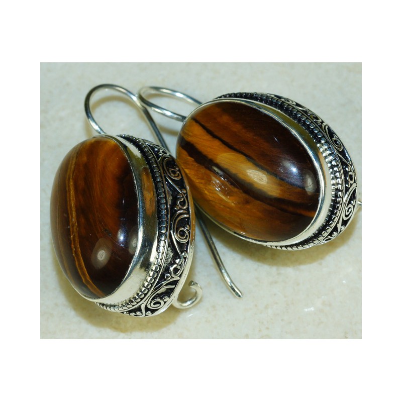Zilveren edelsteen oorbellen met Tijgeroog vintage setting