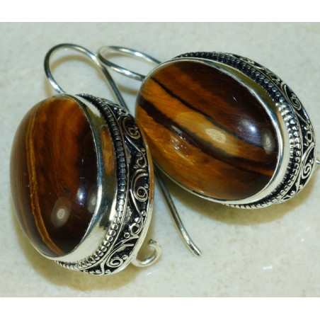 Zilveren edelsteen oorbellen met Tijgeroog vintage setting
