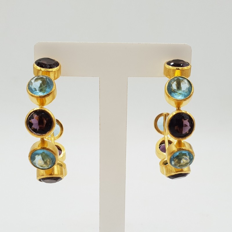 Vergulde creolen met Amethist quartz en blauw Topaas quartz