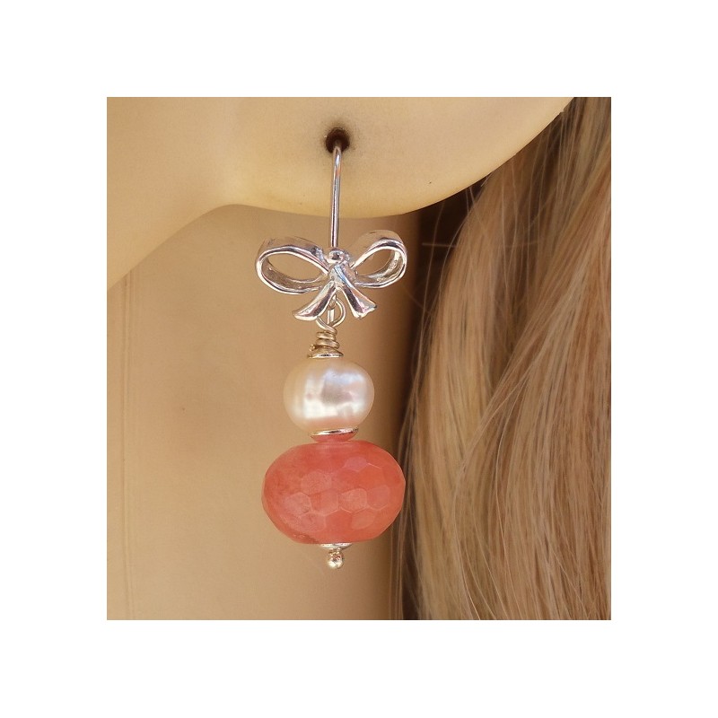 Zilveren oorbellen met Cherry quartz en Parel