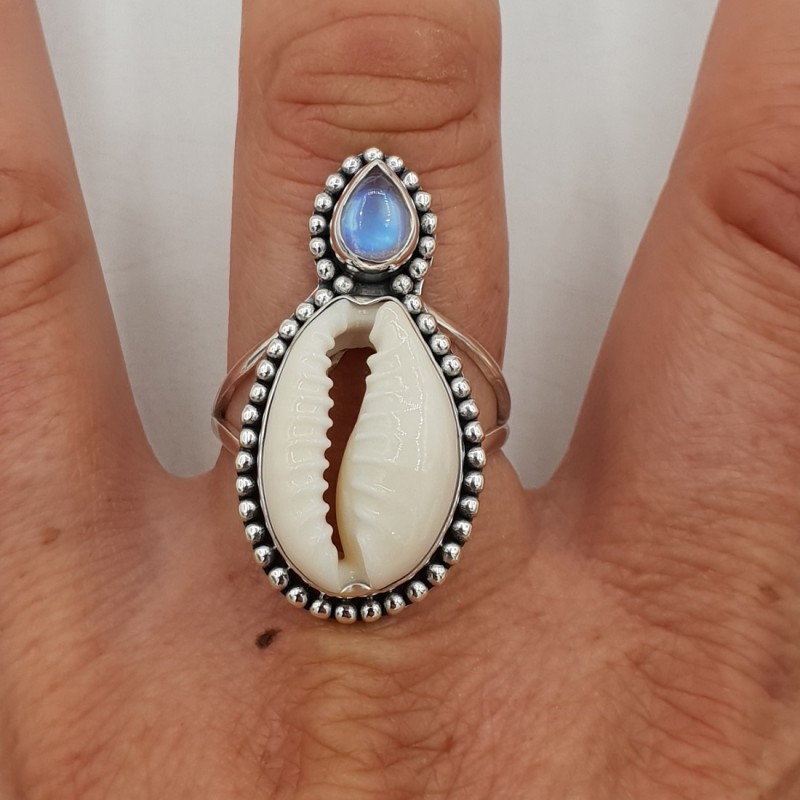 Zilveren ring met Cowrie schelp en regenboog Maansteen 19 mm
