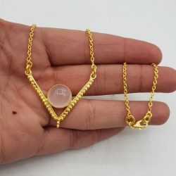 Vergulde ketting met hanger gezet met ronde Rozenkwarts
