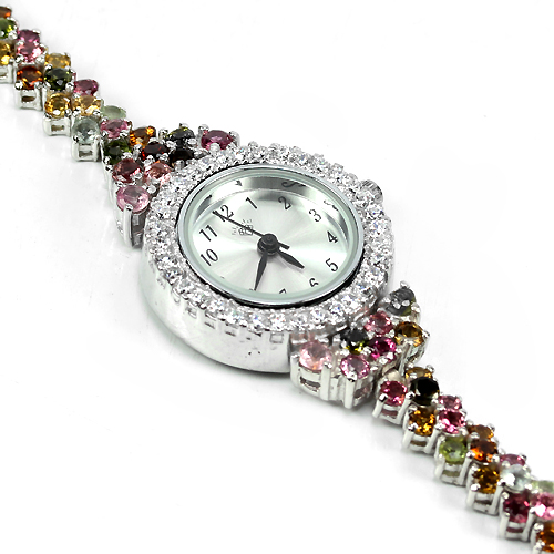 Zilveren edelsteen horloge gezet met Toermalijn