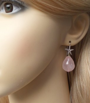 Zilveren oorbellen met Rozenkwarts briolet en zilveren zeester