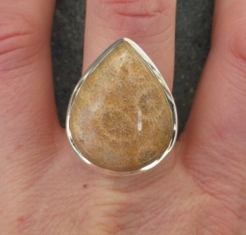 Zilveren ring gezet met druppelvorm Fossiel Koraal 19 mm