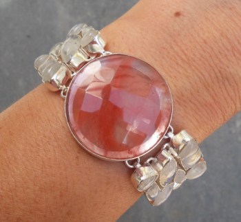 Zilveren armband gezet met regenboog Maansteen en Cherry quartz